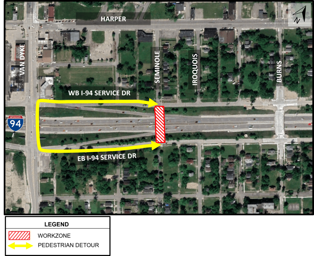 A pedestrian detour map for the closure of the Seminole Street bridge over I-94.